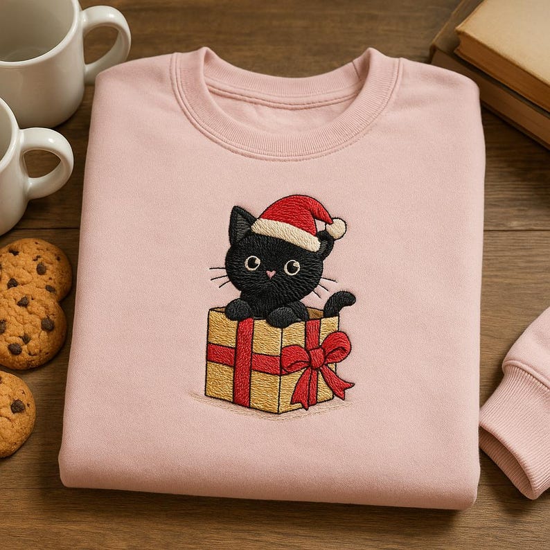 Black Cat Embroidered Sweatshirt Kitten In A Gift Box Hoodie Santa Hat Christmas Pet Sweater Holiday Cat Lover Gift 1763777394165.jpg