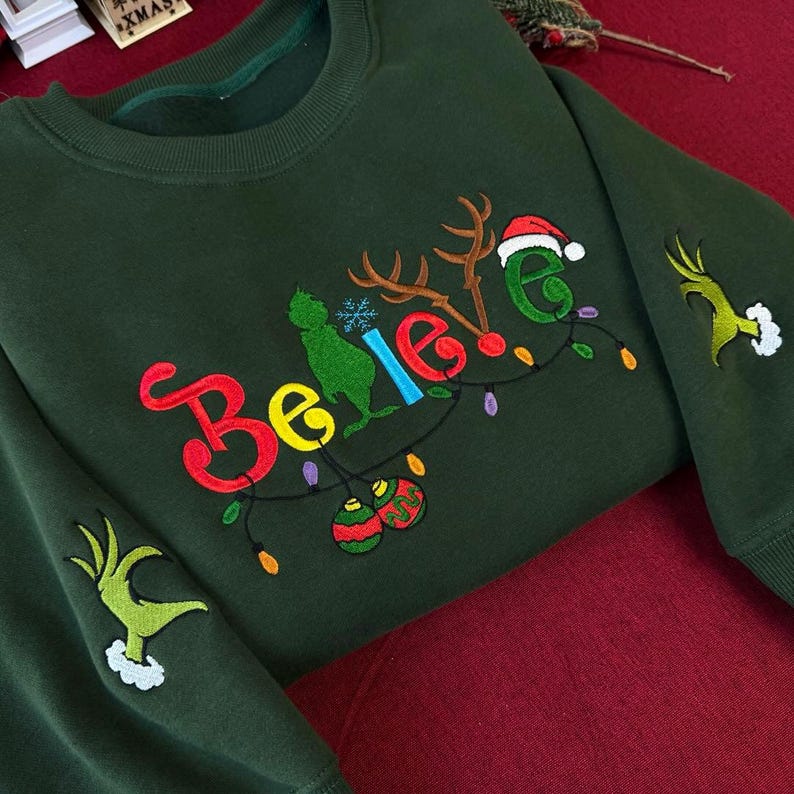 Believe Christmas Embroidered Sweatshirt Cute Green Style Holiday Sweater Christmas Lights Sleeve Shirt Grinchy Sweatshirt Gift For Him 1763780496888.jpg