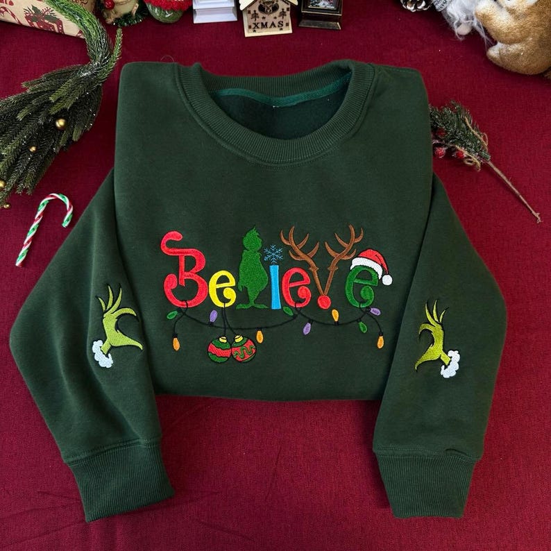 Believe Christmas Embroidered Sweatshirt Cute Green Style Holiday Sweater Christmas Lights Sleeve Shirt Grinchy Sweatshirt Gift For Him 1763780497539.jpg