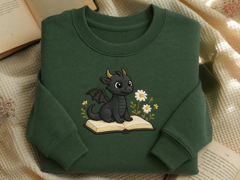 Embroidered Dragon And Book Sweatshirt Floral Dragon Shirt Fantasy Bookish Sweater Bookish Dragon Tee Cozy Book Lover Shirtdragon Lover 1764835907153.png