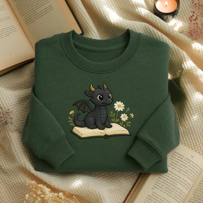 Embroidered Dragon And Book Sweatshirt Floral Dragon Shirt Fantasy Bookish Sweater Bookish Dragon Tee Cozy Book Lover Shirtdragon Lover 1764835907255.png