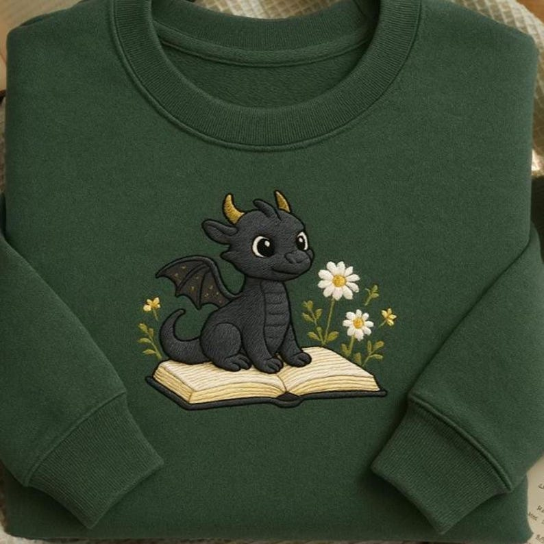 Embroidered Dragon And Book Sweatshirt Floral Dragon Shirt Fantasy Bookish Sweater Bookish Dragon Tee Cozy Book Lover Shirtdragon Lover 1764835907365.png