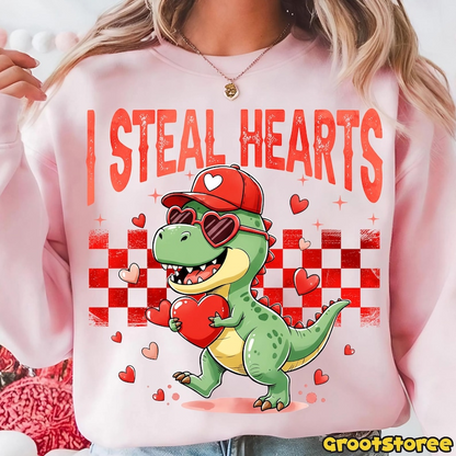 Retro Valentine Dinosaur Holding Heart Shirt Cute I Steal Hearts Vday Shirt Checkered Valentine Shirt Design 1766476058484.png
