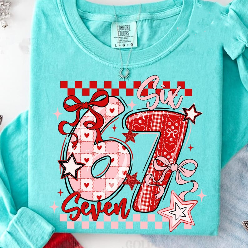 Coquette Valentine 67 Six Seven Shirt Preppy Heart Bow Valentine Number Shirt Cute Pink Red Checkered Hearts Clipart Valentine Sublimation 1766807899069.png