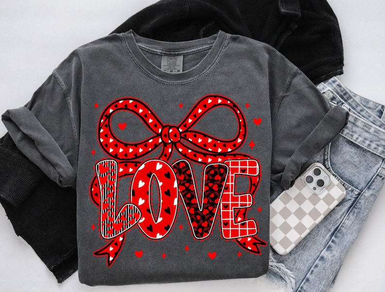 Valentines Day Love Shirt With Bow And Hearts Preppy Coquette Sublimation Shirt Pink Romantic Aesthetic Shirt Clipart Black Red Valentine 1767775330118.png