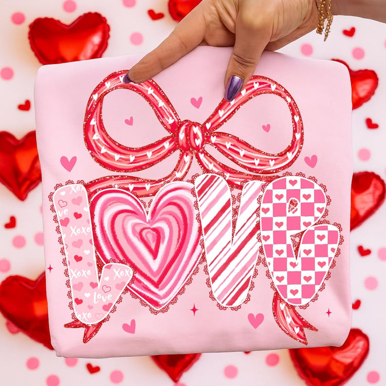 Valentines Day Love Shirt With Bow And Hearts Preppy Coquette Sublimation Shirt Pink Romantic Aesthetic Digital Clipart For Shirts 1767857149651.png