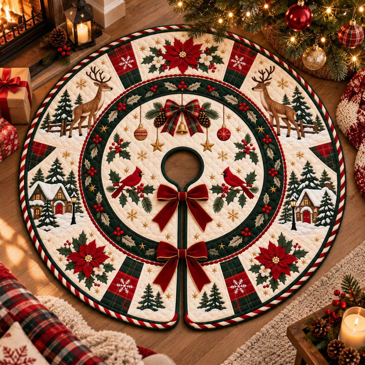 Quilted Christmas Tree Skirt, Reindeer Cardinal Tree Skirt, Poinsettia Winter Decor, Red Green Plaid Rustic Holiday Tree Mat 1784ba99-ee4b-4211-8a0d-64255604d45c-2.jpg