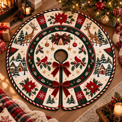 Quilted Christmas Tree Skirt, Reindeer Cardinal Tree Skirt, Poinsettia Winter Decor, Red Green Plaid Rustic Holiday Tree Mat 1784ba99-ee4b-4211-8a0d-64255604d45c-2.jpg