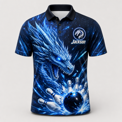 Personalized Electric Dragon Bowling Polo Shirt – Custom Name, All-Over Print