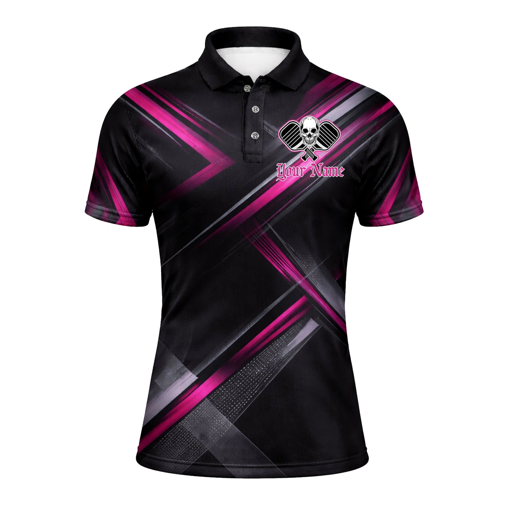 Custom Team Pickleball Polo Shirt Personalized Name Skull Paddle Sport Shirt Black Pink Performance Polo