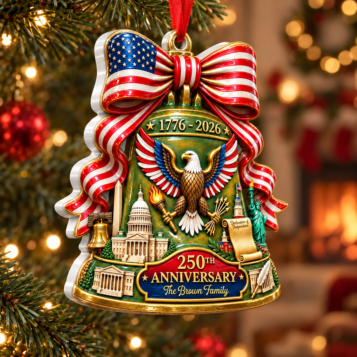 America 250th Anniversary Bell 3D Ornament - Personalized Christmas Ornaments