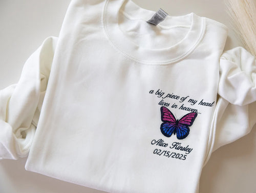 Embroidered Butterfly Memorial Hoodie - Custom Name, Date & Quote Sweatshirt - A Big Piece of My Heart Lives In Heaven