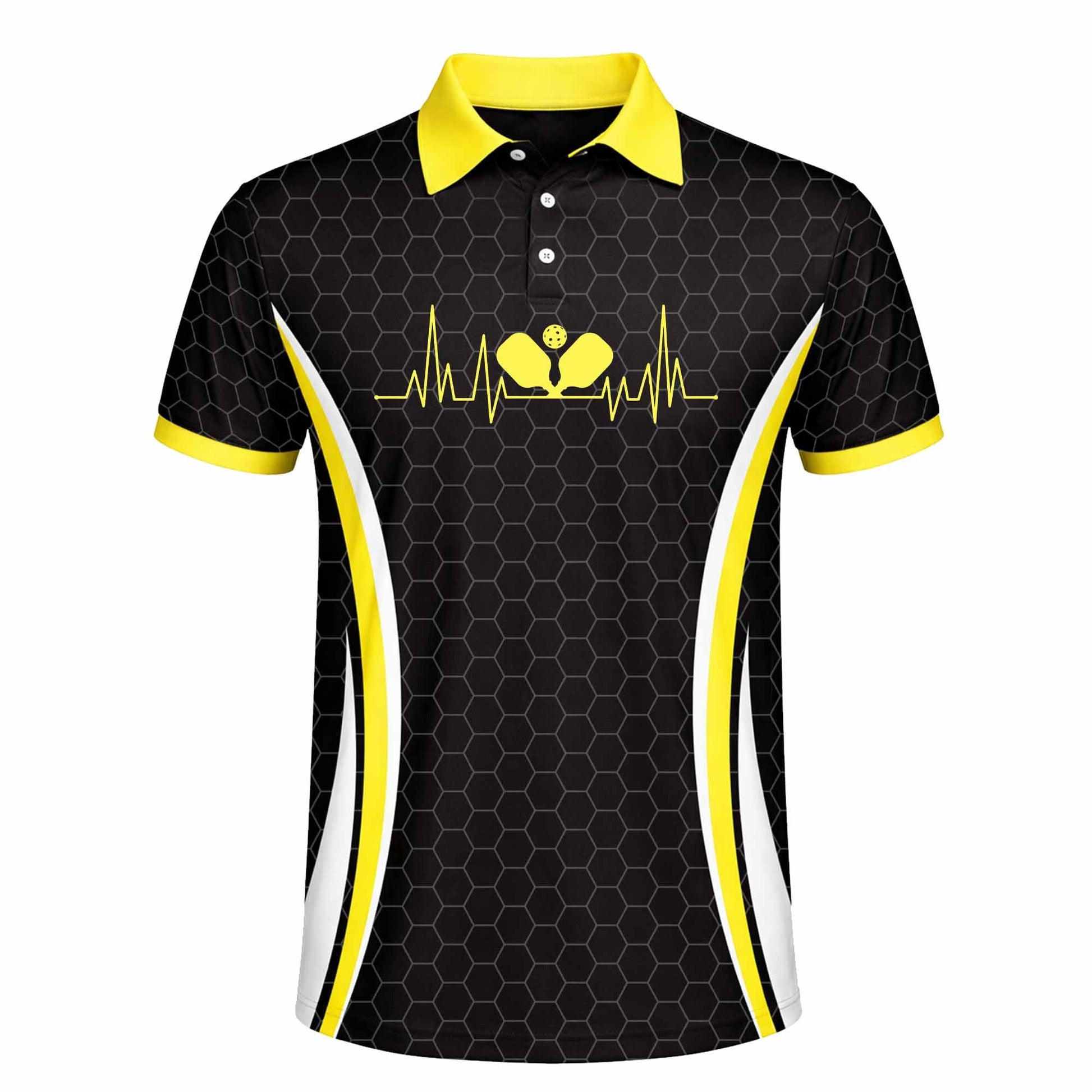 Custom Pickleball Polo Shirt Heartbeat Paddle Design Personalized Name Team Jersey Performance Unisex Shirt Black Yellow