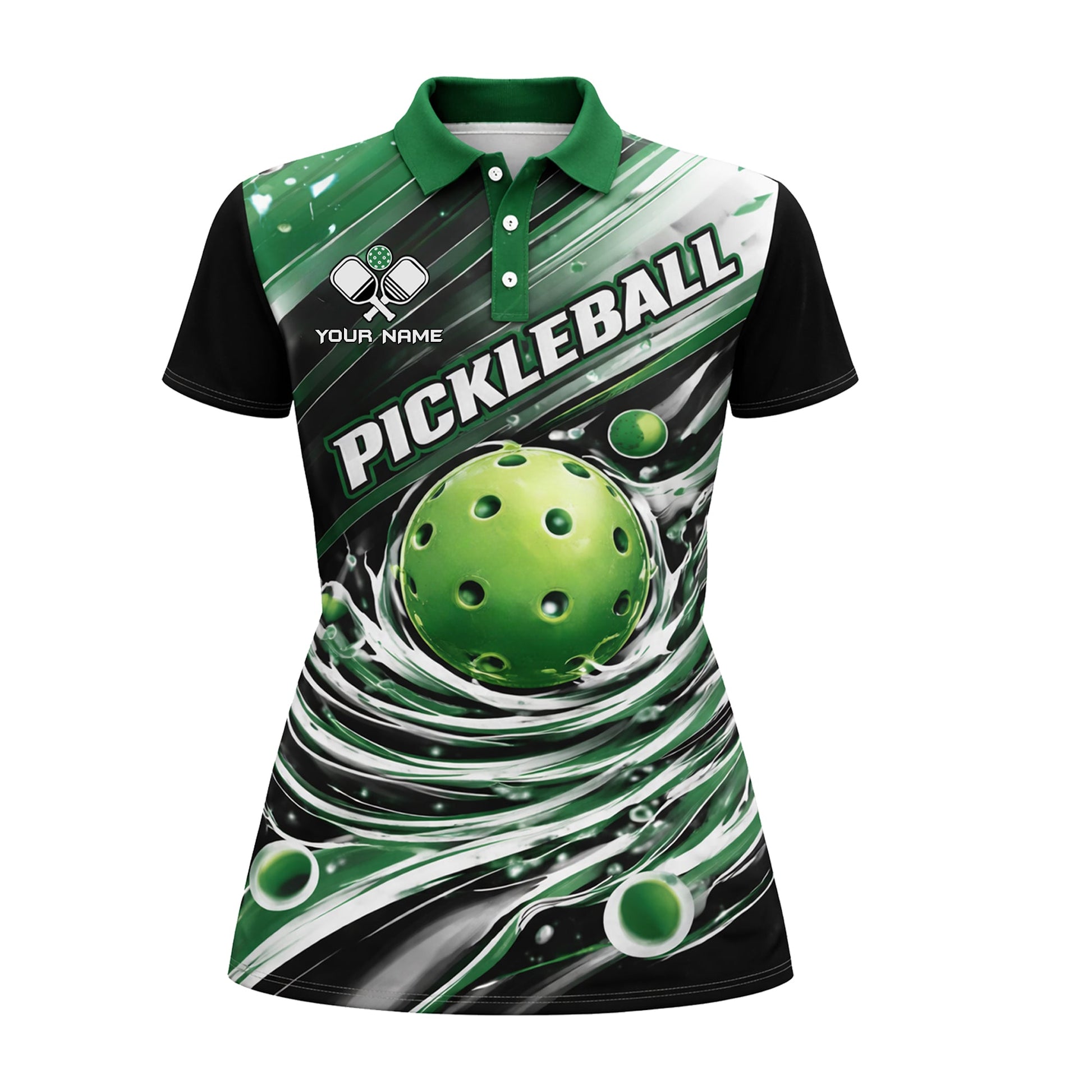 Pickleball Polo Shirt Custom Name Green Dynamic Ball Splash Design Unisex Sports Shirt