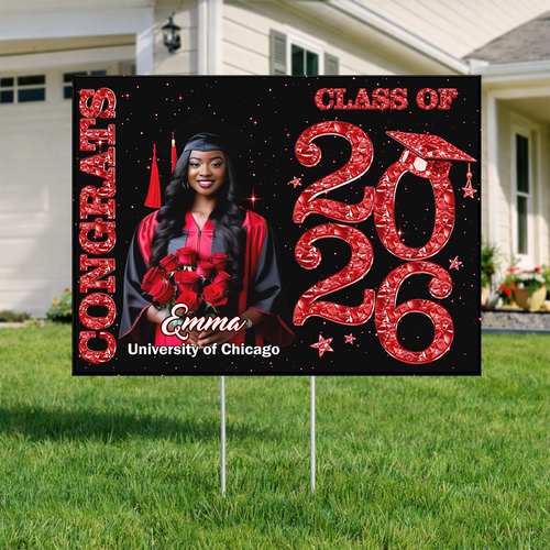 Class Of 2026 Glitter Graduation Photo Yard Sign - Personalized Lawn Sign