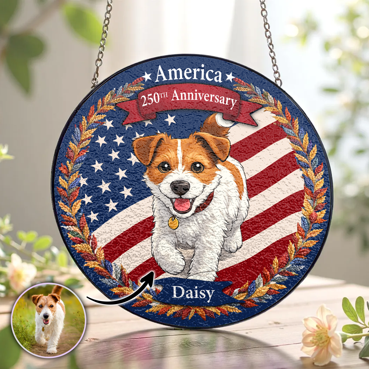 America 250th Anniversary Pet - Upload Photo Stained Glass Suncatcher