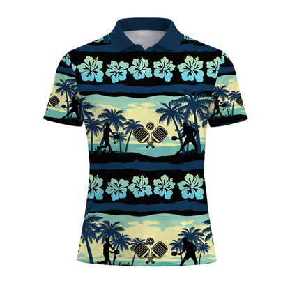 Hawaiian Pickleball Polo Shirt Tropical Beach Palm Tree Hibiscus Breathable Sports Shirt