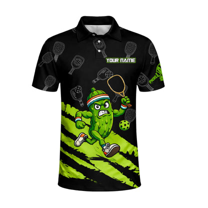Pickleball Polo Shirt Funny Pickle Player Cartoon Custom Team Name Black Green Sport Design Unisex