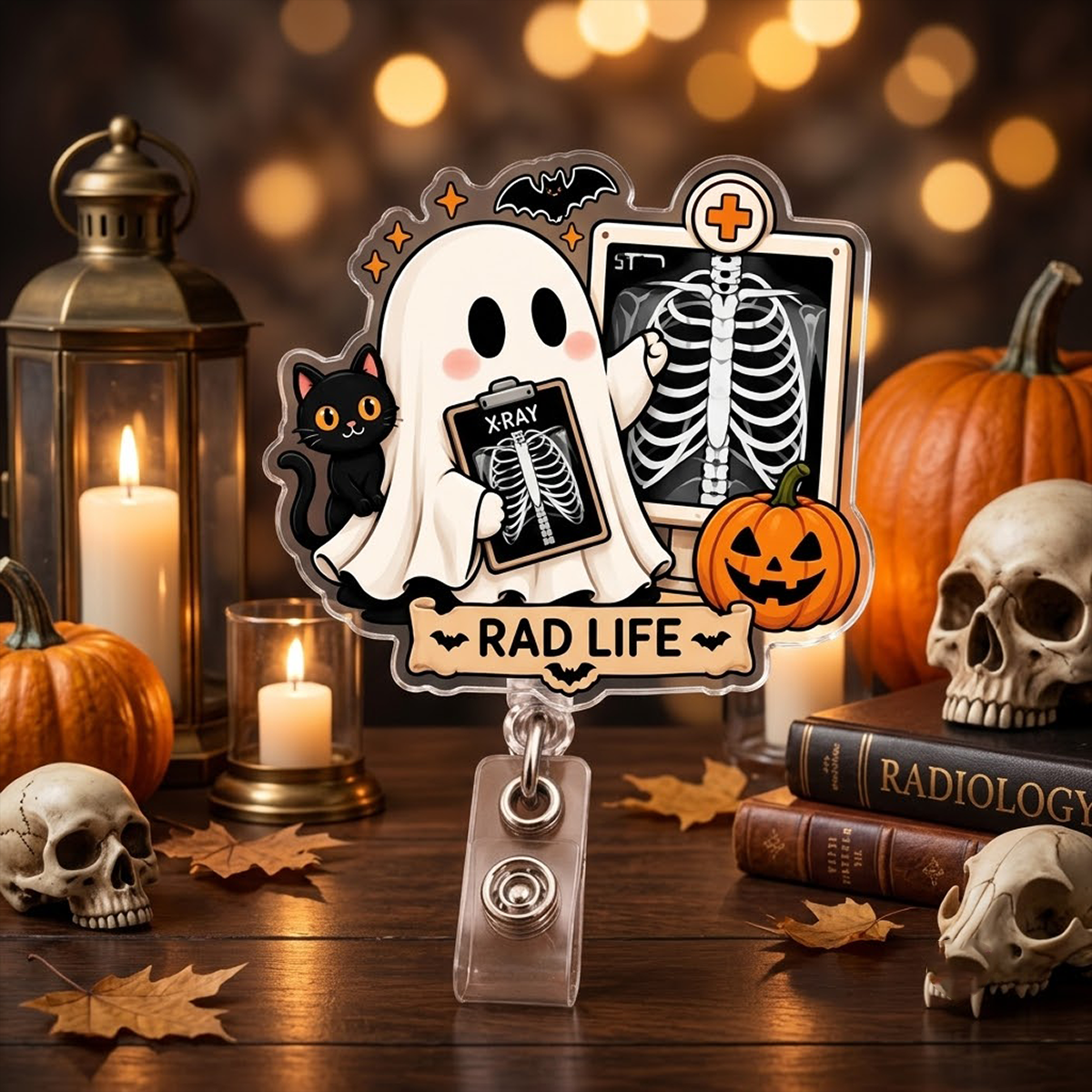 Radiology Ghost Rad Tech Badge Reel, CT Technologist Gift, X-ray Tech ID Holder, Skeleton Pumpkin Hospital Retractable Acrylic Badge Clip