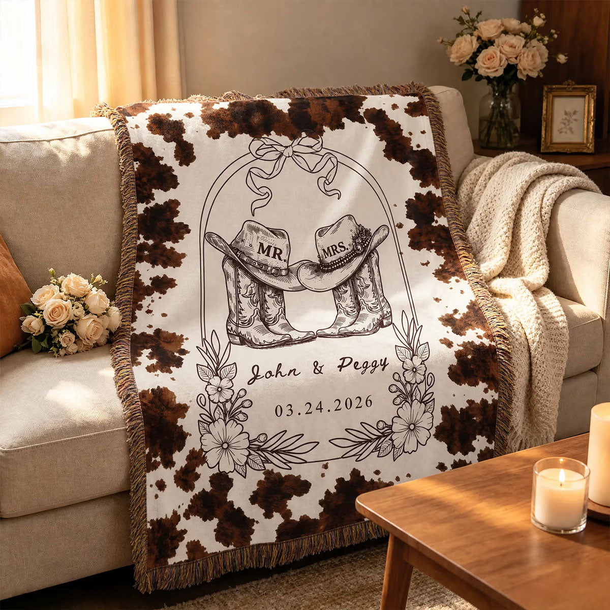 Personalized Wedding Gift Blanket - Rustic Western Mr and Mrs Blanket with Cow Boots Design - Custom Date Anniversary Present for Couples