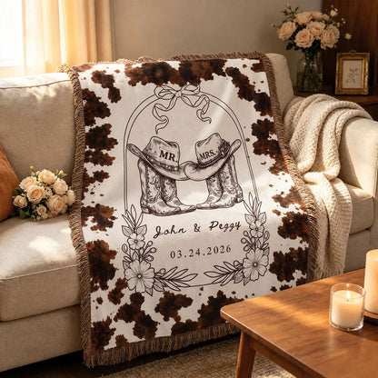 Personalized Wedding Gift Blanket - Rustic Western Mr and Mrs Blanket with Cow Boots Design - Custom Date Anniversary Present for Couples