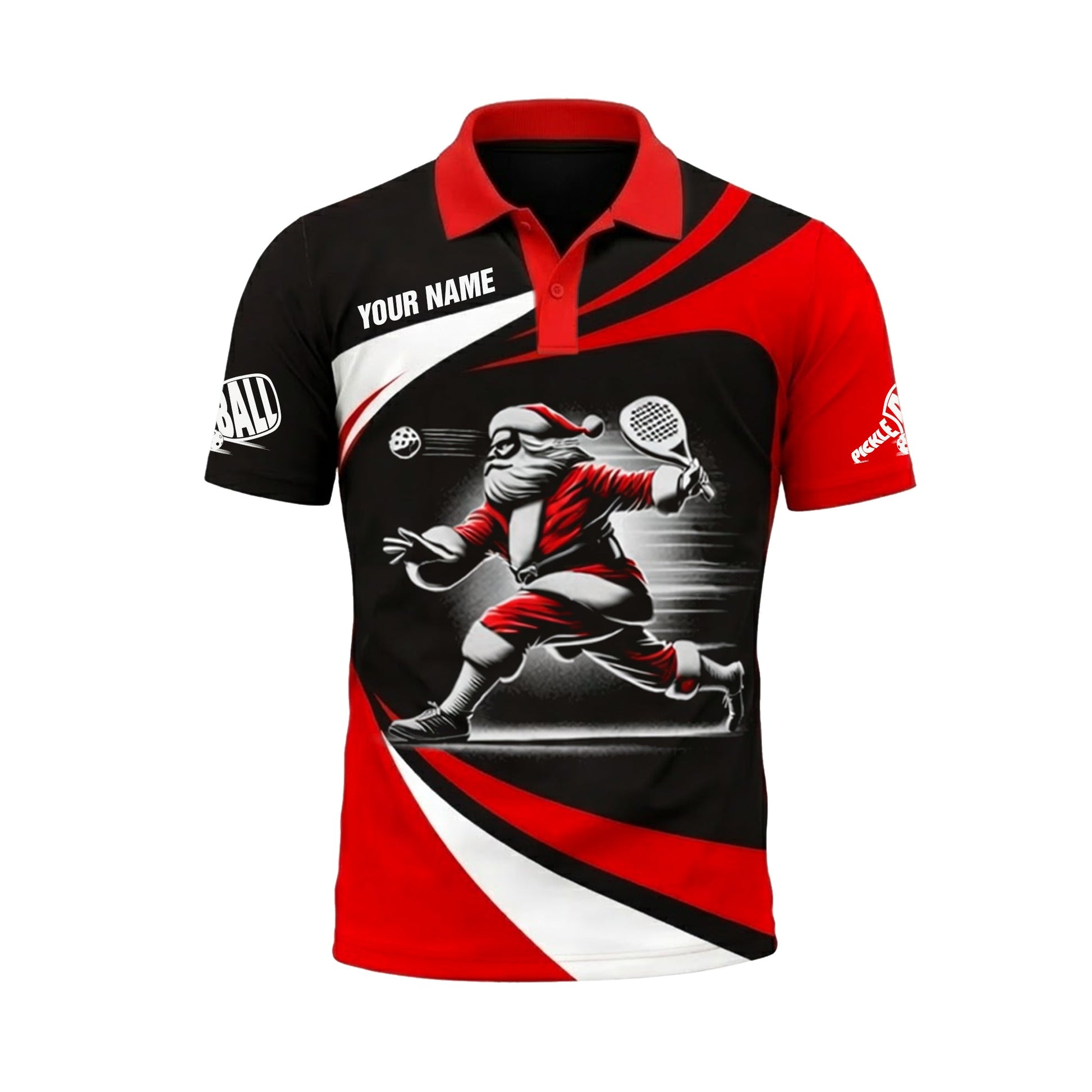 Christmas Pickleball Polo Shirt Custom Name Santa Player Red Black Sports Shirt Gift