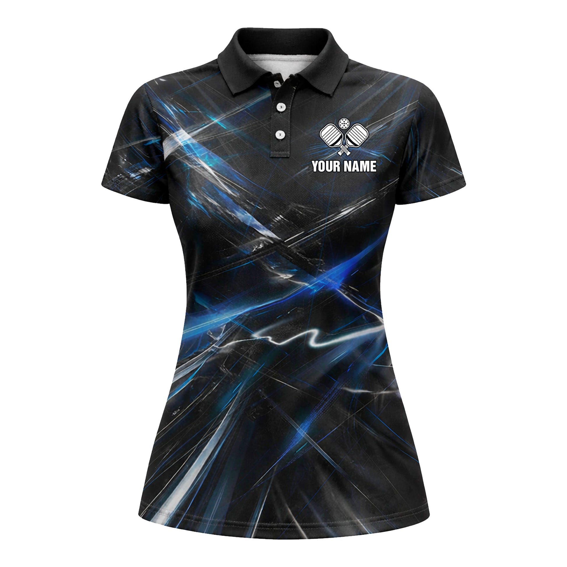 Personalized Pickleball Polo Shirt Blue Lightning Abstract Design Custom Name Athletic Performance Shirt