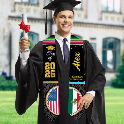Custom Class of 2026 Mexican American Flag - Personalized Graduation Stole