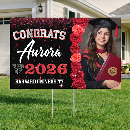Class Of 2026 Rose Custom Photo Yard Sign - Personalized Lawn Sign
