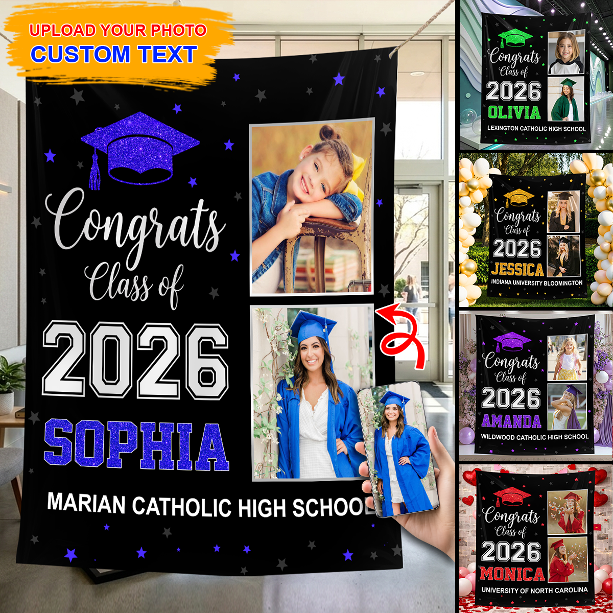 Photo And Glitter Name Personalized Graduation Backdrop