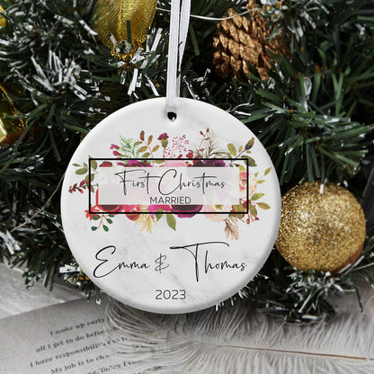 First Christmas Married Tropical Leaves - Personalized Ornament - Christmas Gift 1_902f51bb-3f25-4bc3-a5e8-f85d2054d618.jpg