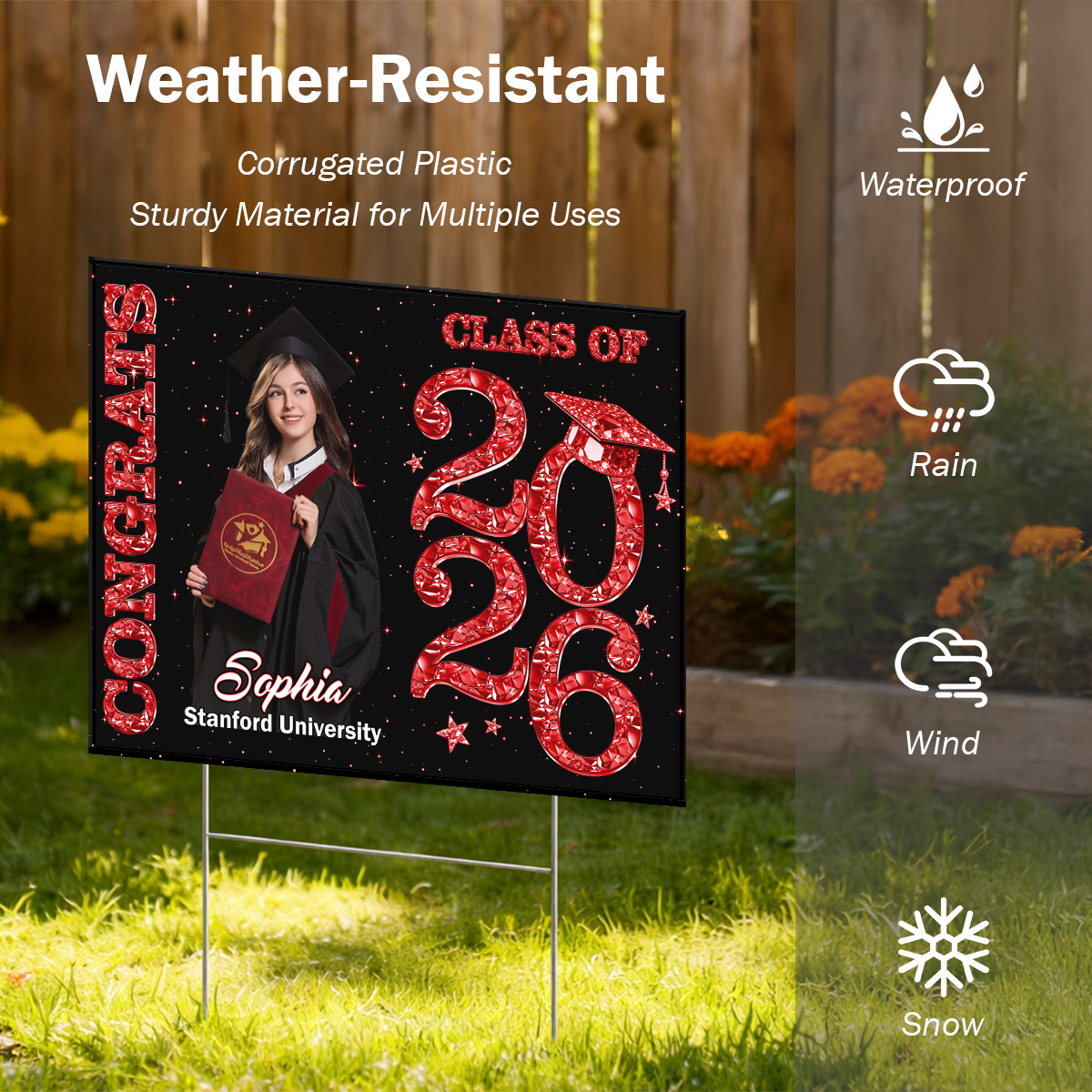 Class Of 2026 Glitter Graduation Photo Yard Sign - Personalized Lawn Sign