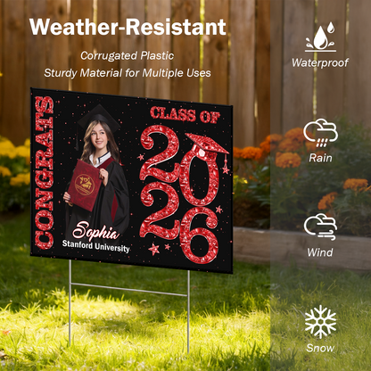 Class Of 2026 Glitter Graduation Photo Yard Sign - Personalized Lawn Sign