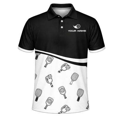 Custom Pickleball Polo Shirt Black White Paddle Pattern Personalized Name Team Shirt