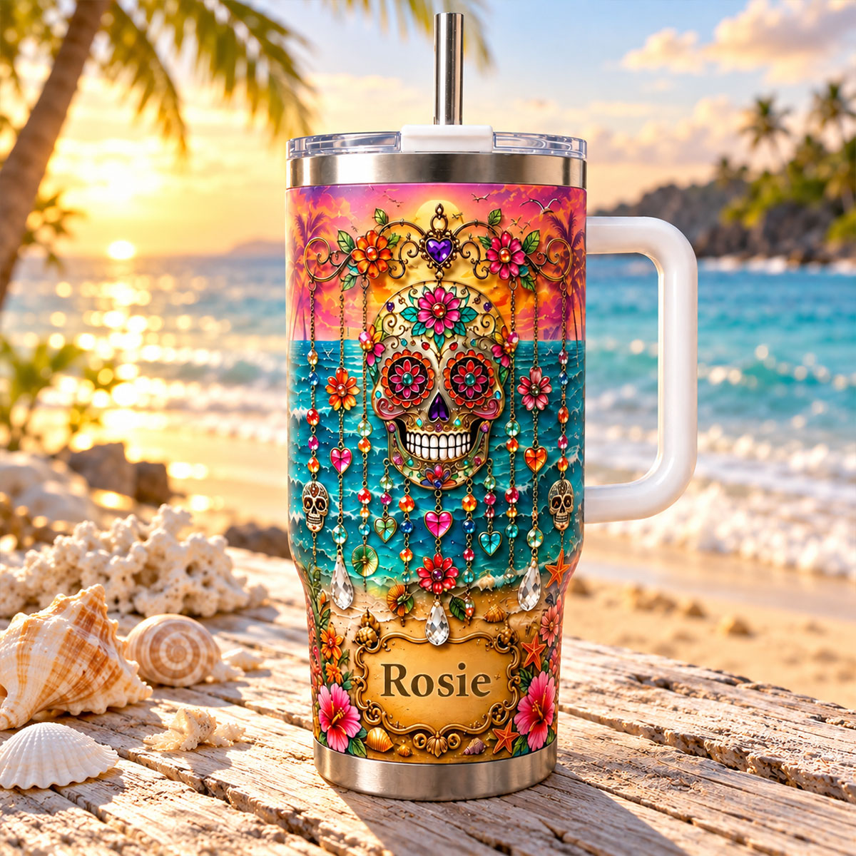 Sugar Skull Tumbler, Day of the Dead, Floral Skull 40oz Tumbler