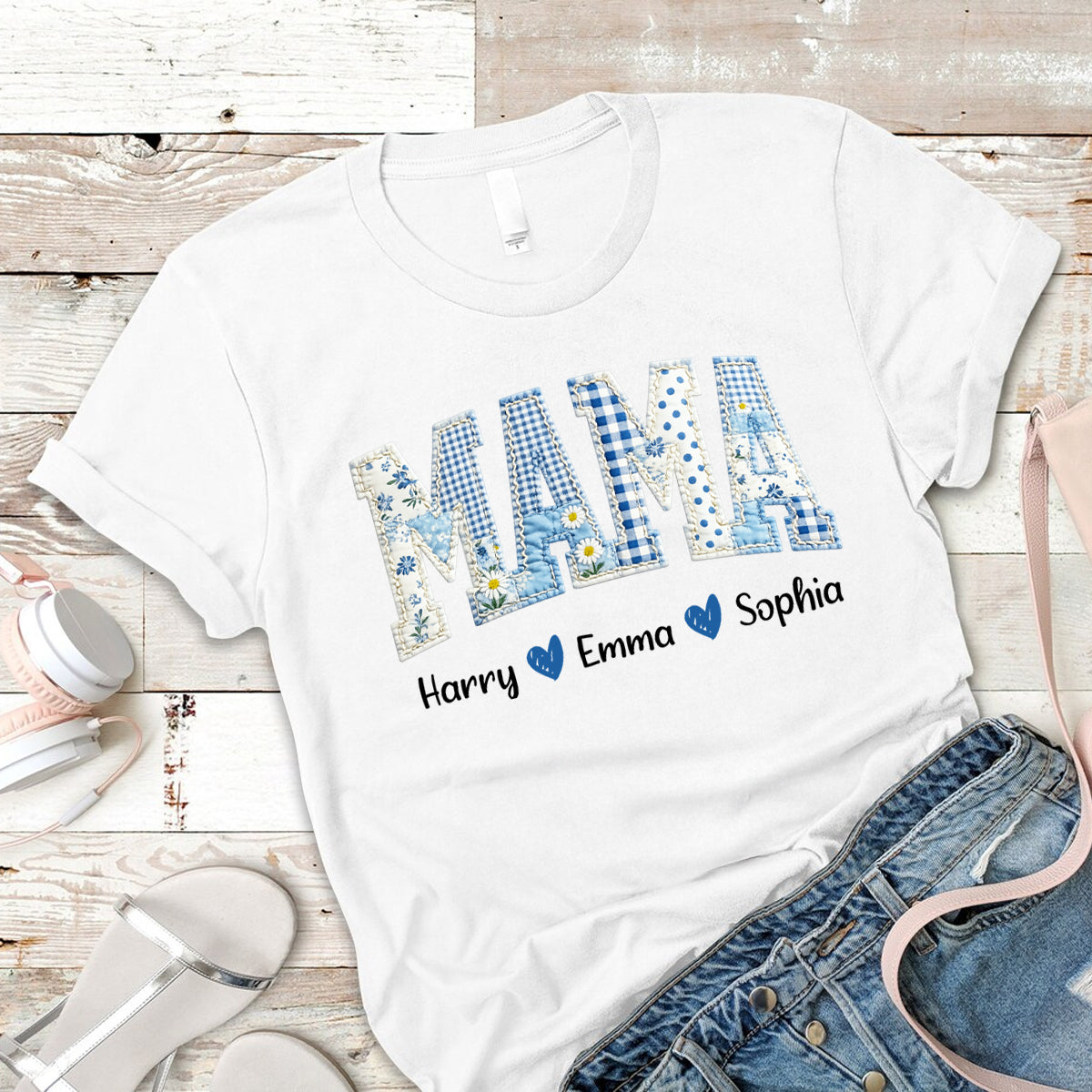 Mama Blue Toile Patchwork Floral - Personalized T-shirt