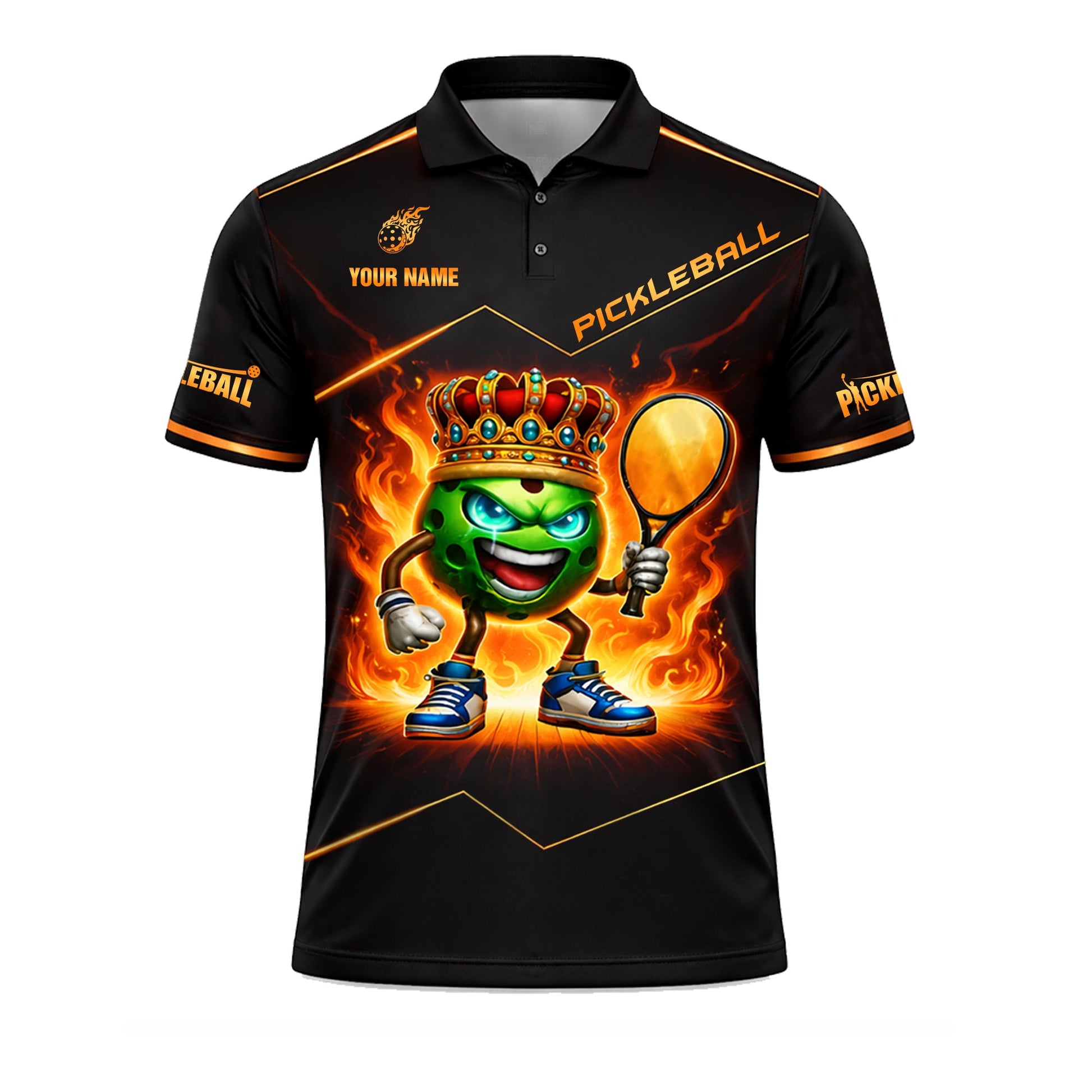 Pickleball Polo Shirt King Ball Fire Graphic Custom Name Breathable Performance Polo
