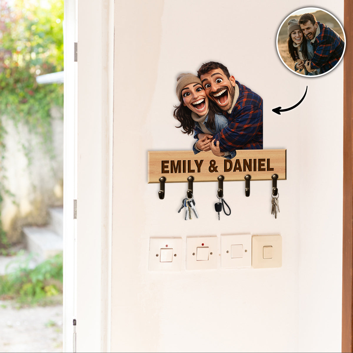 Custom Photo Caricature - Personalized Wooden Key Hanger