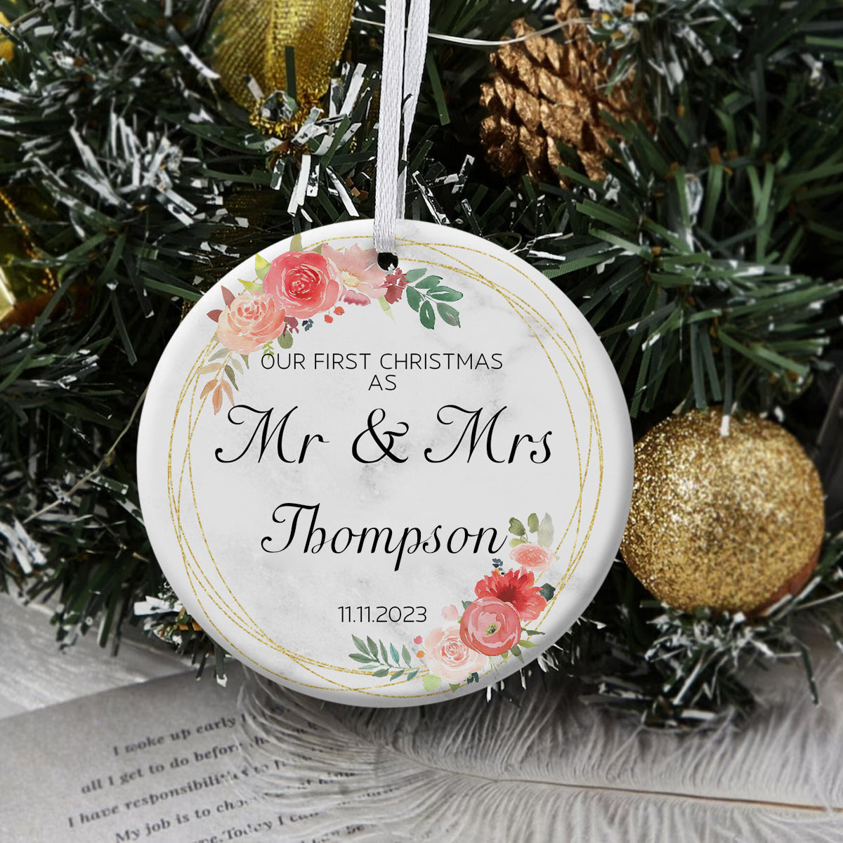 Our 1st Christmas As Mr. & Mrs. Golden Wreath Pink Roses - Personalized Ornament - Christmas Gift 1_a7a45165-0068-4331-8353-e2b54dae0ceb.jpg