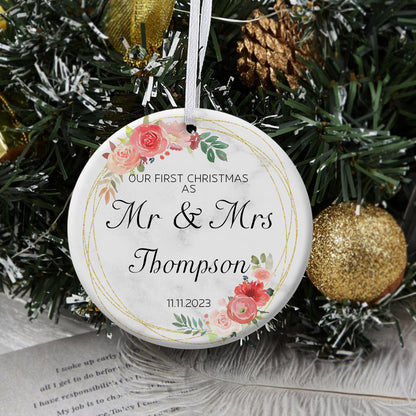 Our 1st Christmas As Mr. & Mrs. Golden Wreath Pink Roses - Personalized Ornament - Christmas Gift 1_a7a45165-0068-4331-8353-e2b54dae0ceb.jpg