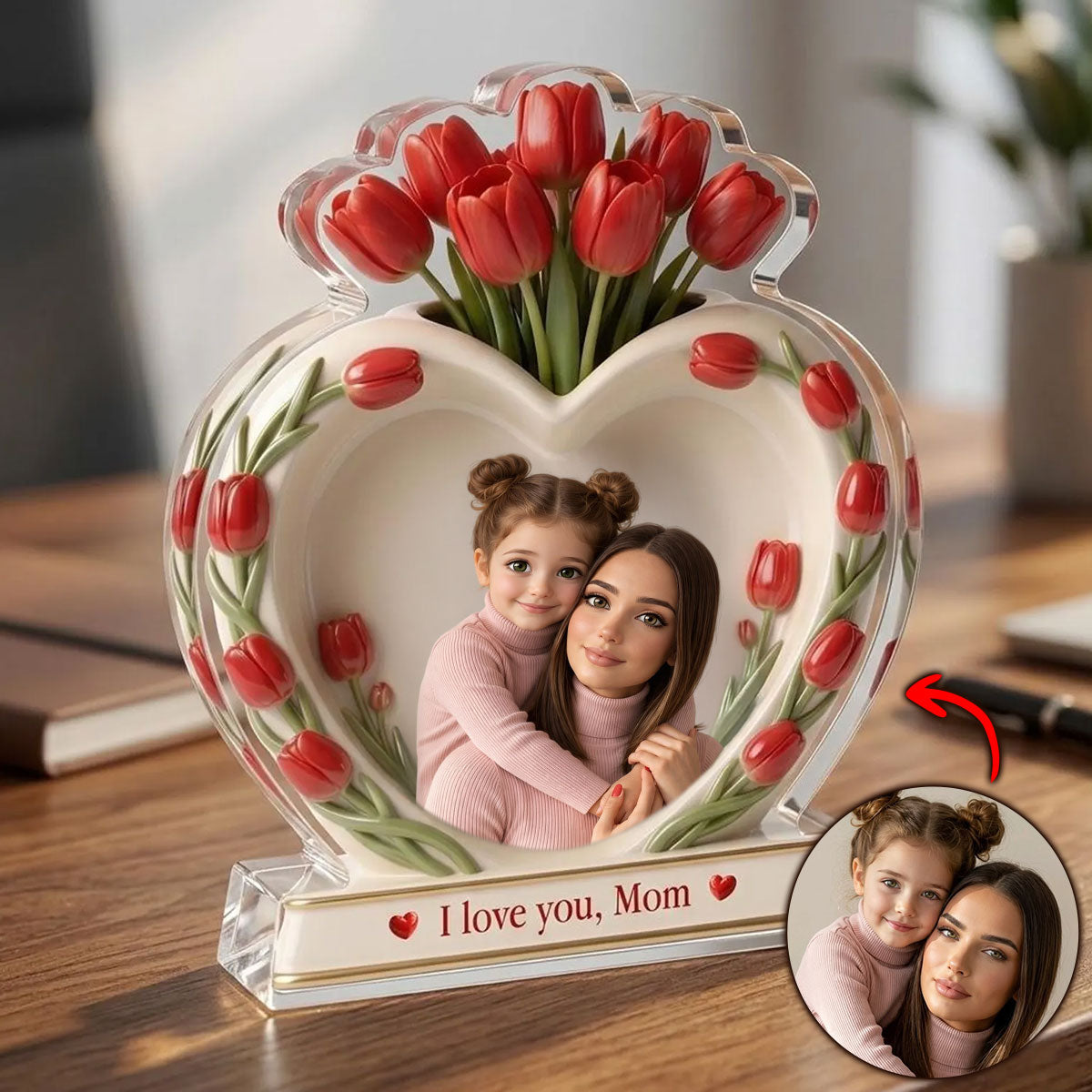 Custom Mom & Daughter Heart Frame with Tulips - Personalized Acrylic Plaque