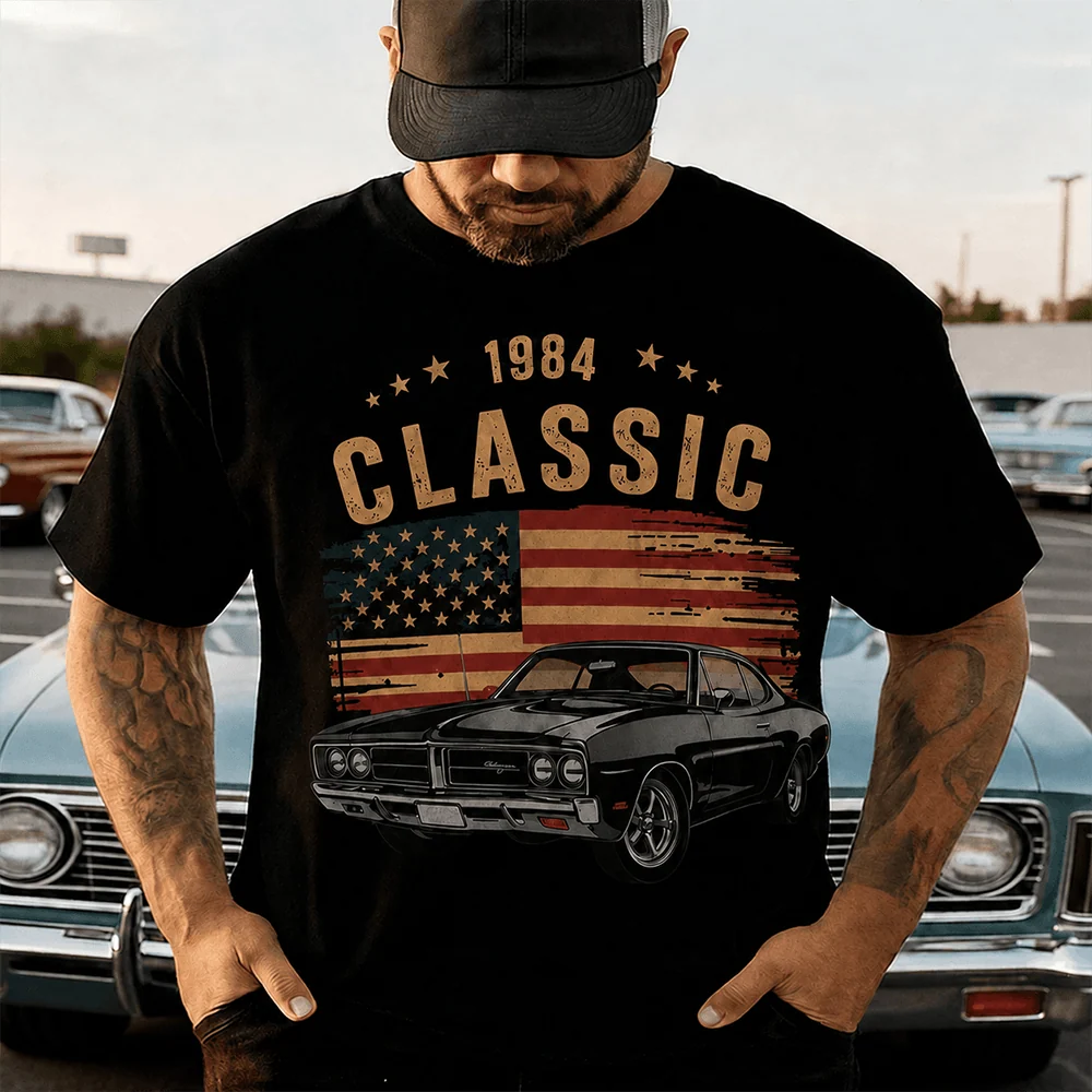Personalized Classic Car Shirt with Custom Photo, Year & Flag – Retro Tee, Sweatshirt or Hoodie for Car Lovers
