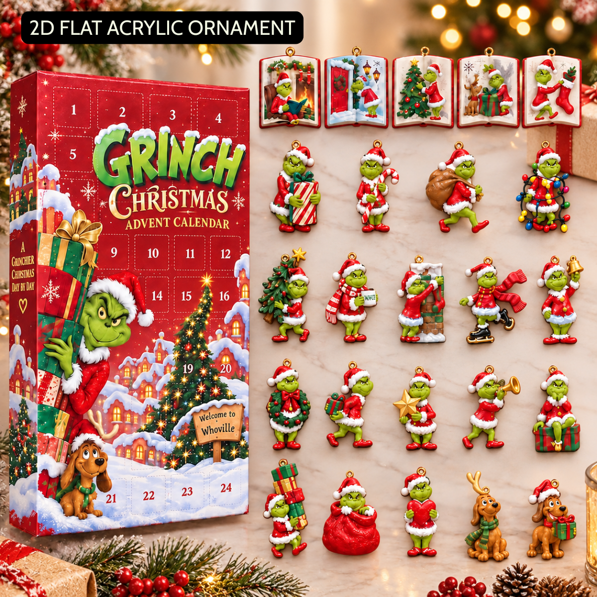 24 Days of Grinchy Christmas Chaos – Advent Calendar 2026 with Hanging Ornaments & Max the Dog