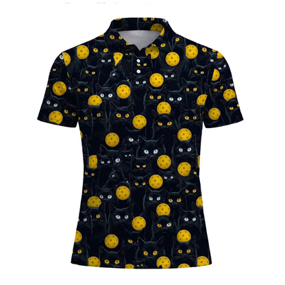Black Cat Pickleball Polo Shirt Funny Cat Lover Sports Shirt All Over Print Breathable Athletic Tee