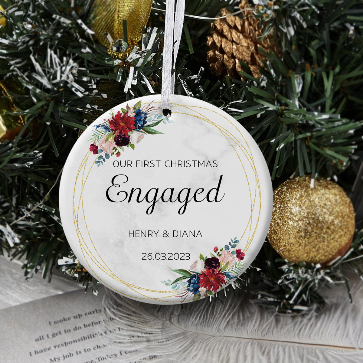 First Christmas Engaged Tropical Flowers - Personalized Ornament - Christmas Gift 1_d4e02263-059a-41e1-92f7-592c26ac195a.jpg