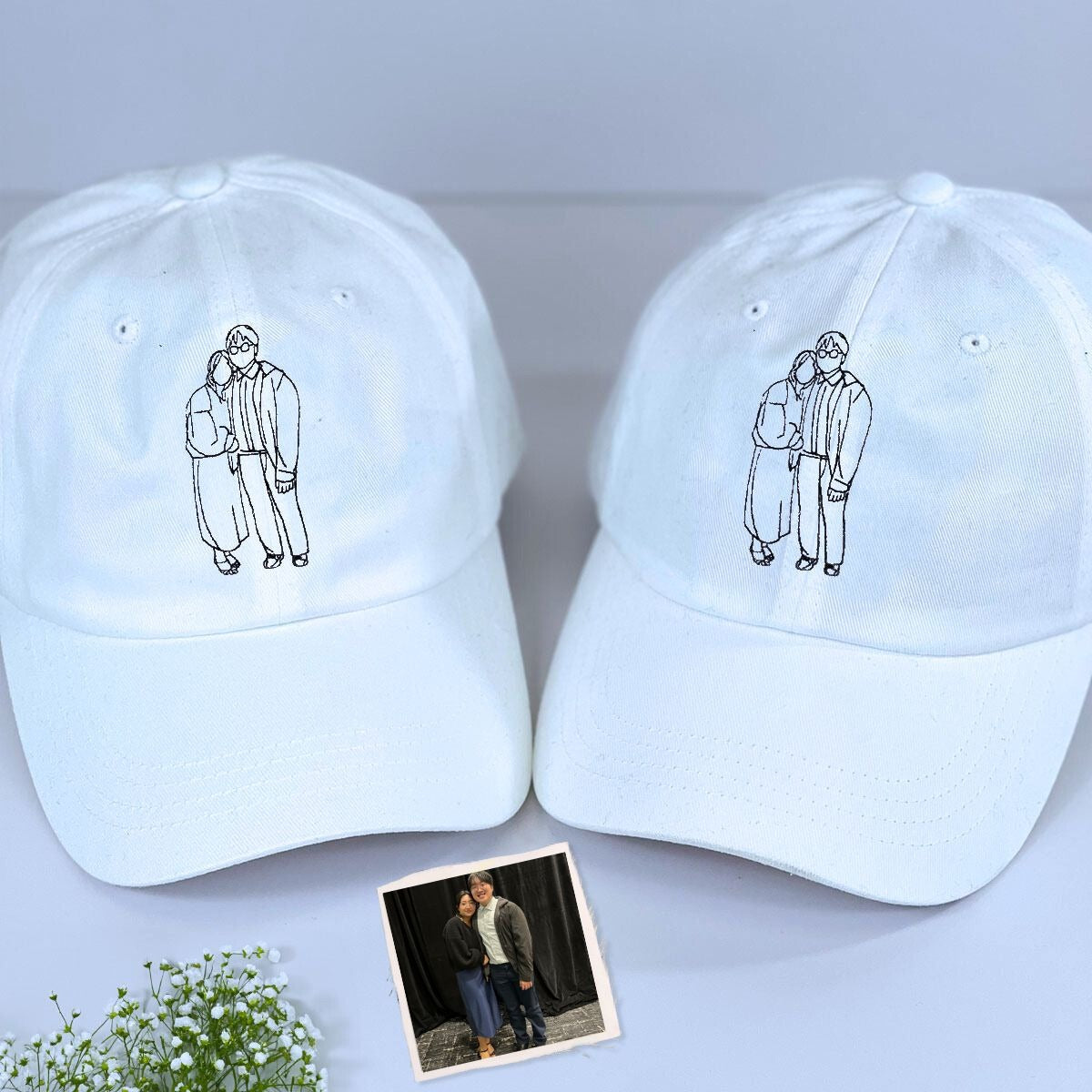 Custom Embroidered Couple Portrait Classic Cap from Photo