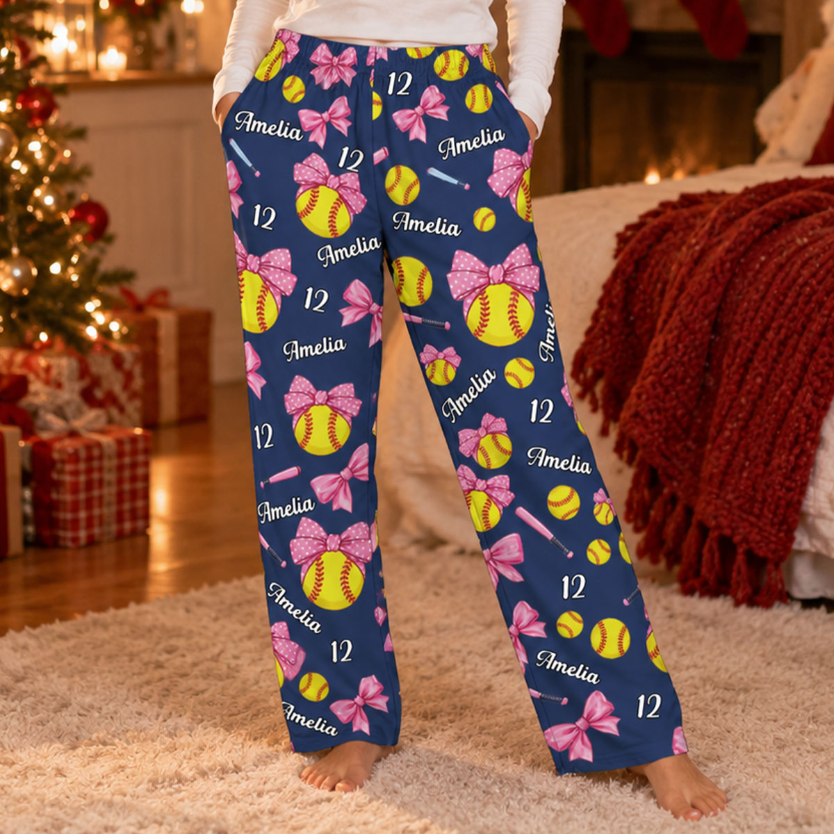 Coquette Bow Softball Custom Name, Number Gift For Softball Player, Softball Team - Personalized Lounge Pants