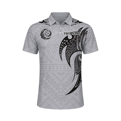 Pickleball Polo Shirt Custom Name Polynesian Tribal Style Performance Shirt Grey
