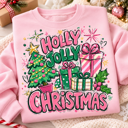 Holly Jolly Christmas Sweatshirt – Quirky Pink & Green Christmas Tree Sweater, Colorful Retro Holiday Gift for Her 1a0563fb-1eee-43a1-a8c0-c4155a774576-3.png
