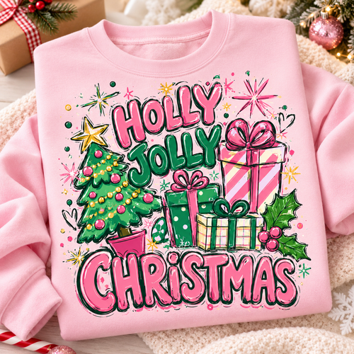 Holly Jolly Christmas Sweatshirt – Quirky Pink & Green Christmas Tree Sweater, Colorful Retro Holiday Gift for Her 1a0563fb-1eee-43a1-a8c0-c4155a774576-3.png